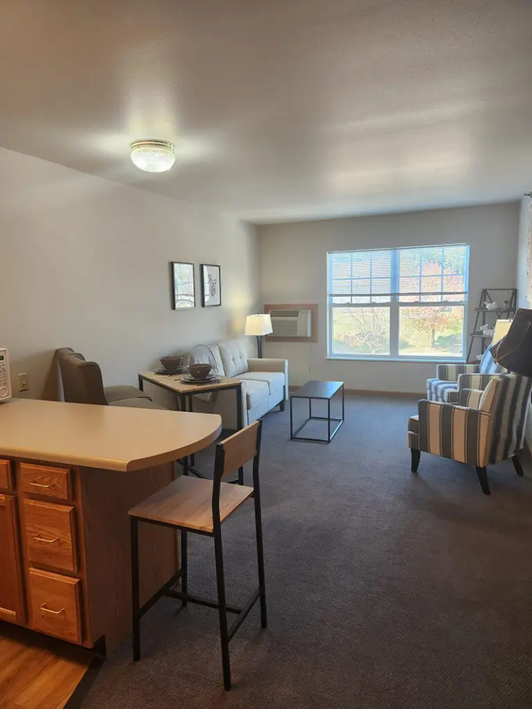 view of kitchenette and living room in community residence