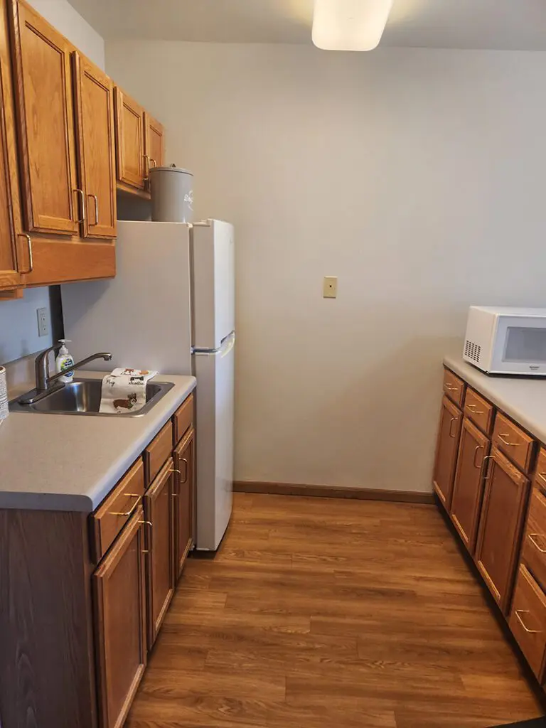 view of kitchenette with sink, fridge, and microwave in community residence
